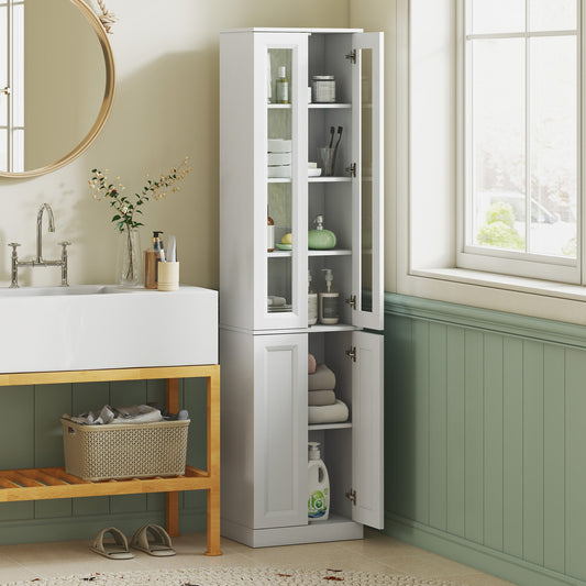 The slim bathroom cabinet is shown in a bathroom setting next to a sink and a window
