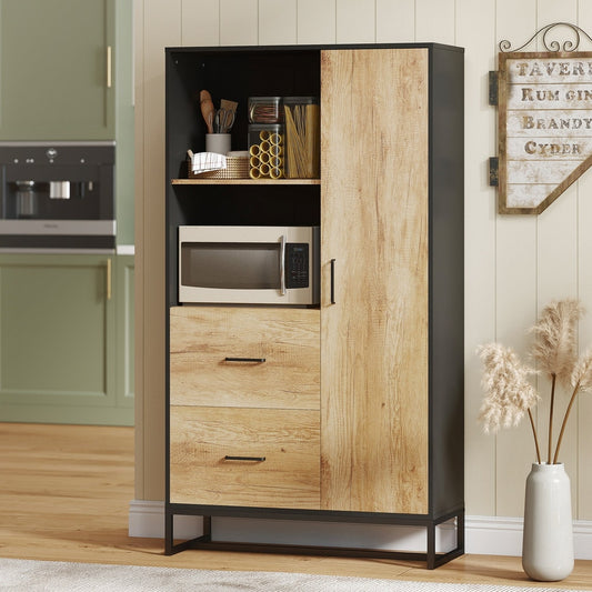 Freestanding kitchen pantry cabinet with a microwave on a shelf