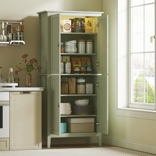 The green tall kitchen cupboard standing in a bright room with doors open and shelves filled
