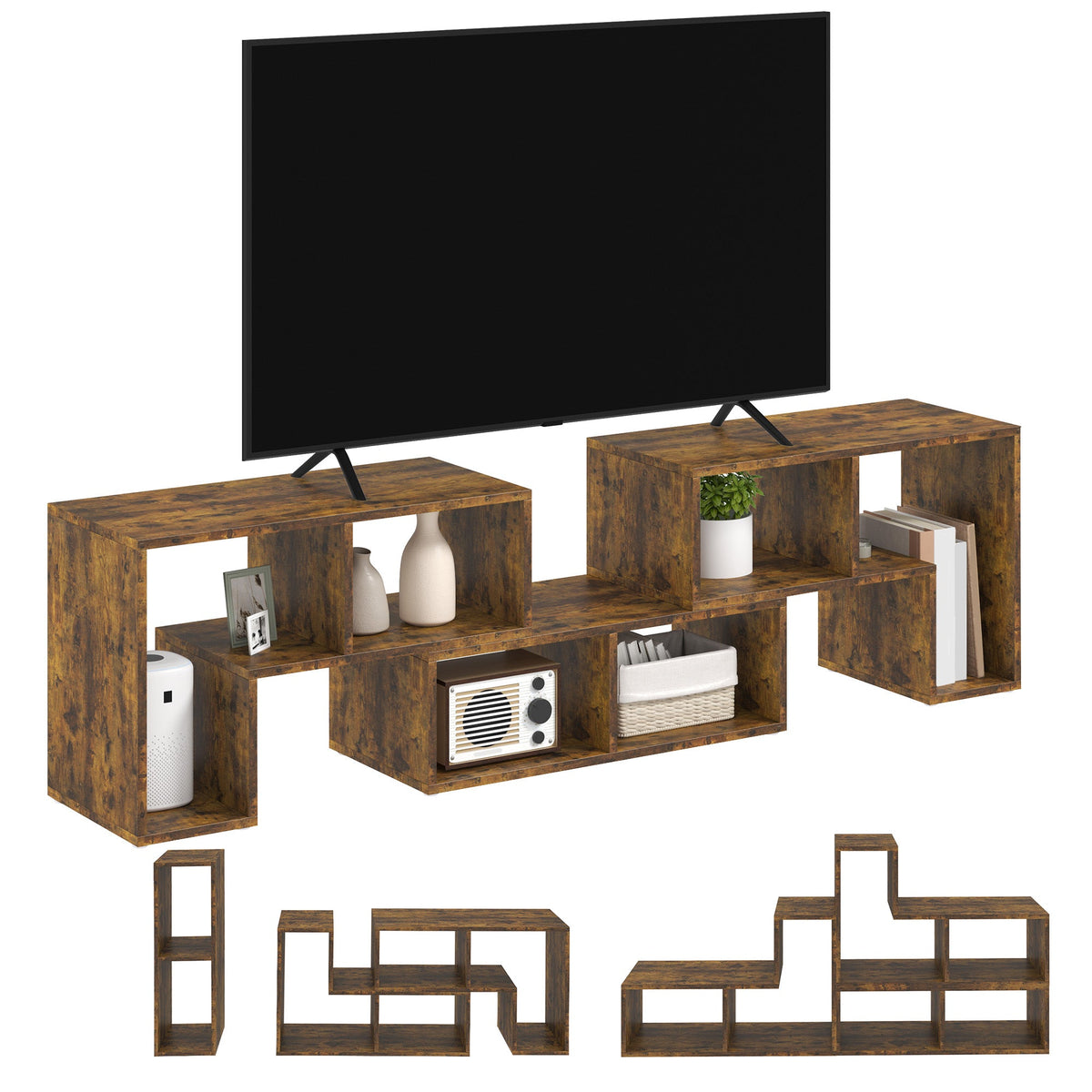 The modular TV unit in rustic brown, displayed with separate components and assembled options