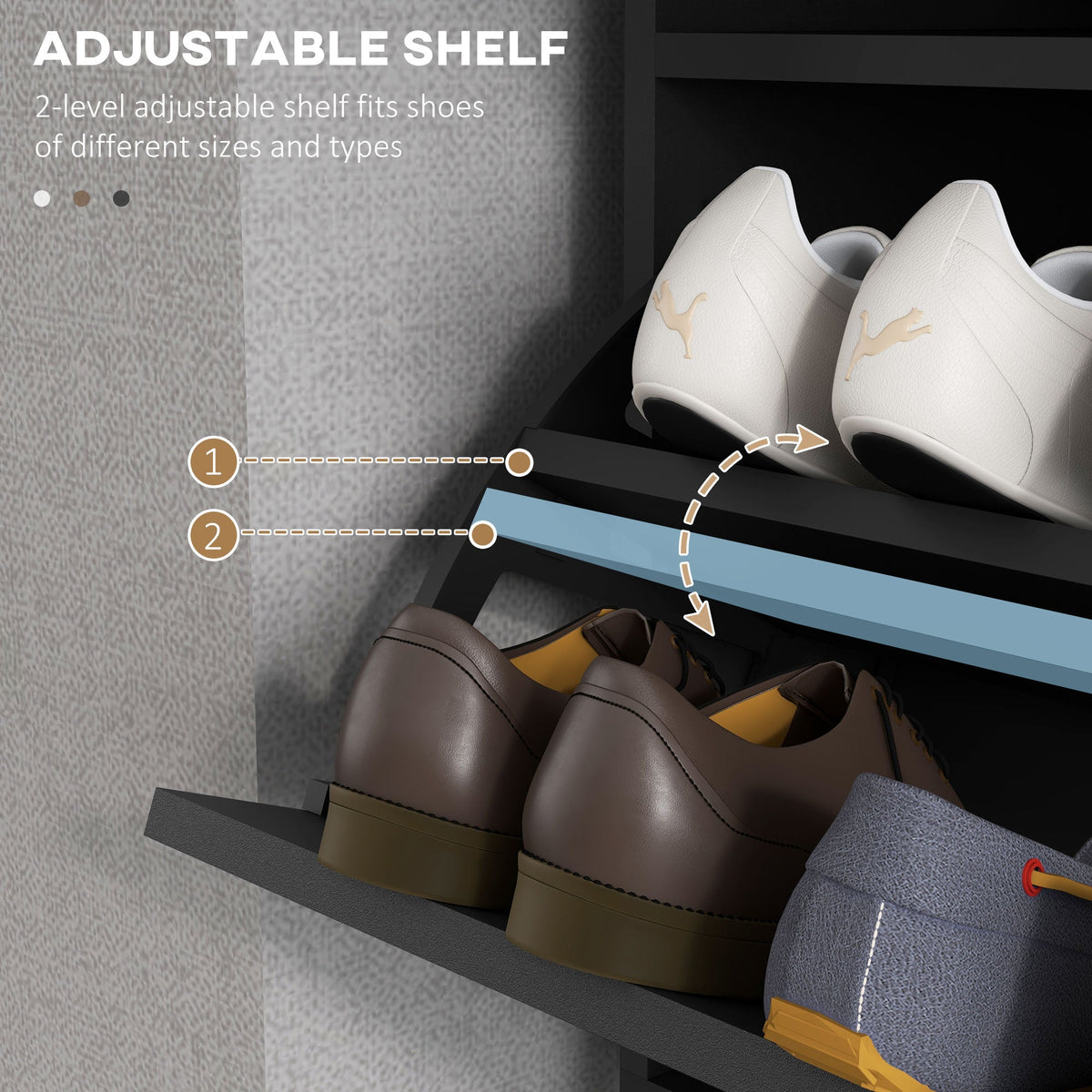 Close-up of the shoe storage cabinet showing the adjustable shelf positions for footwear