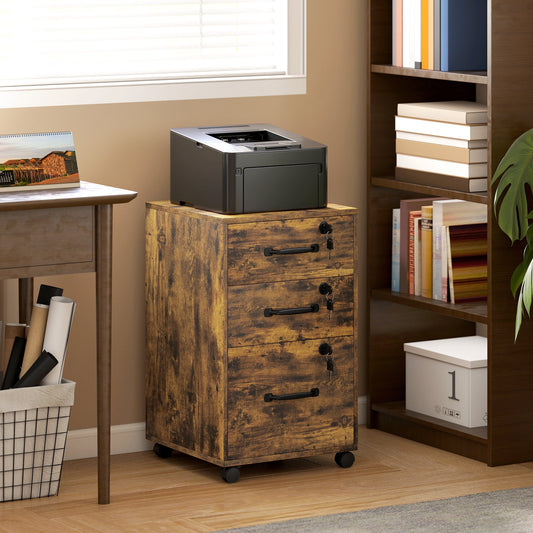 The wood-effect filing cabinet in a home office setting next to a desk and bookshelf