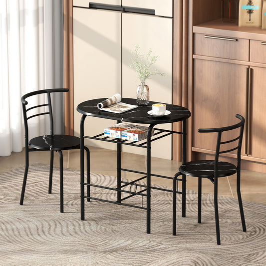 Compact dining set with two chairs and a table with marble effect top in a kitchen