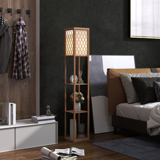 The floor lamp standing in a modern bedroom next to a bed with decorative items on the shelves