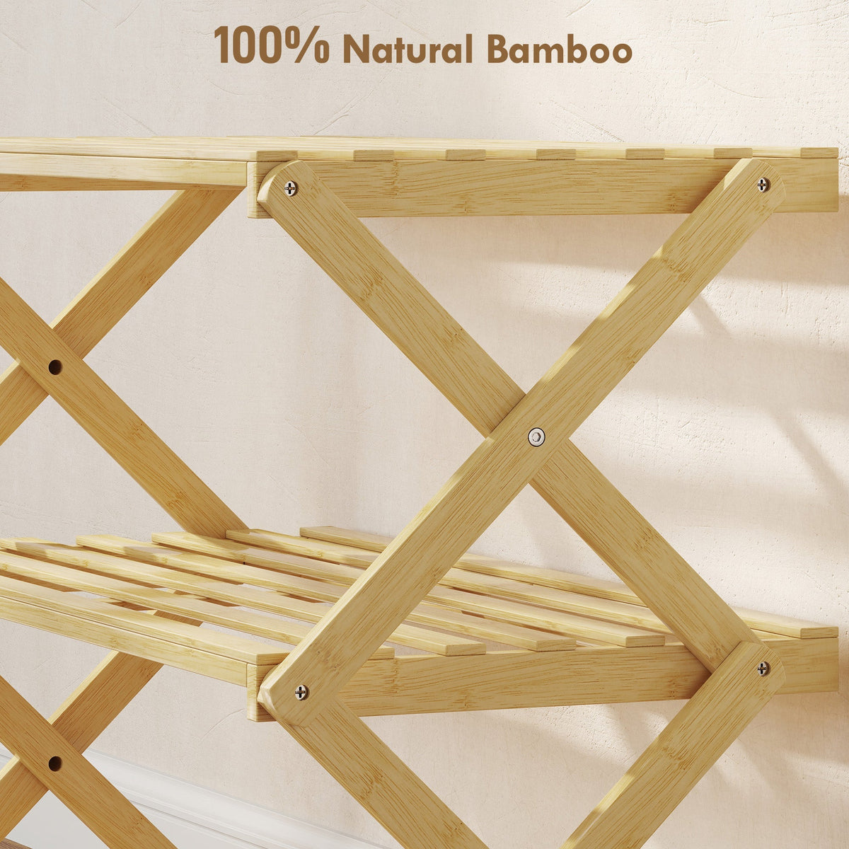 A close-up view of the natural bamboo construction of the shoe storage unit