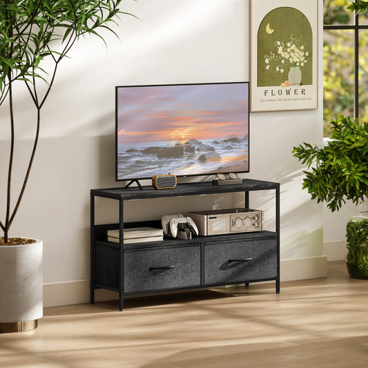The black TV unit with two drawers in a living room setting with a television on top