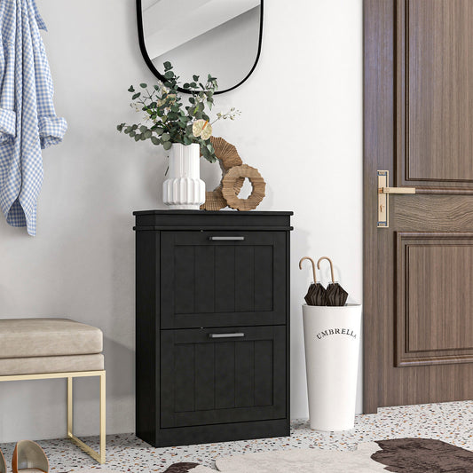 The shoe storage cabinet placed in a hallway next to a door with a vase on top