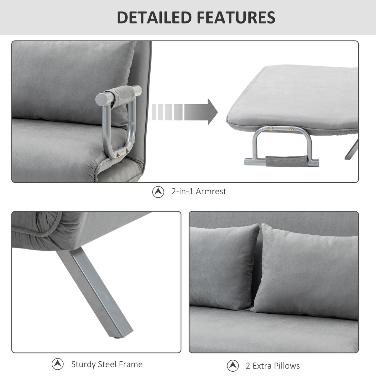 close up of the armrest and legs of the grey sofa bed