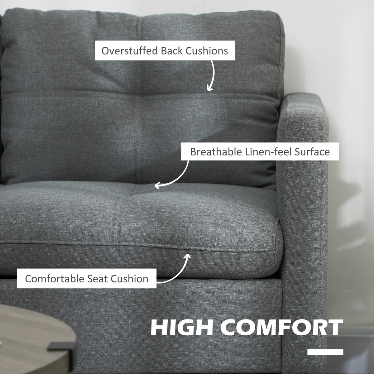 Close-up of the grey two-seater sofa showing cushion details