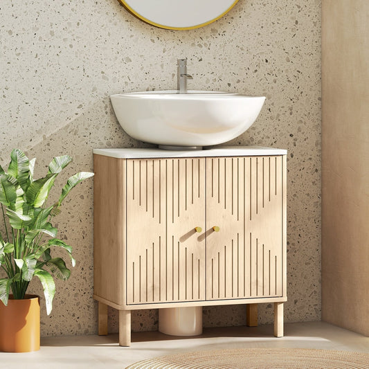 Bathroom cabinet with slatted doors and oak effect finish shown under a basin