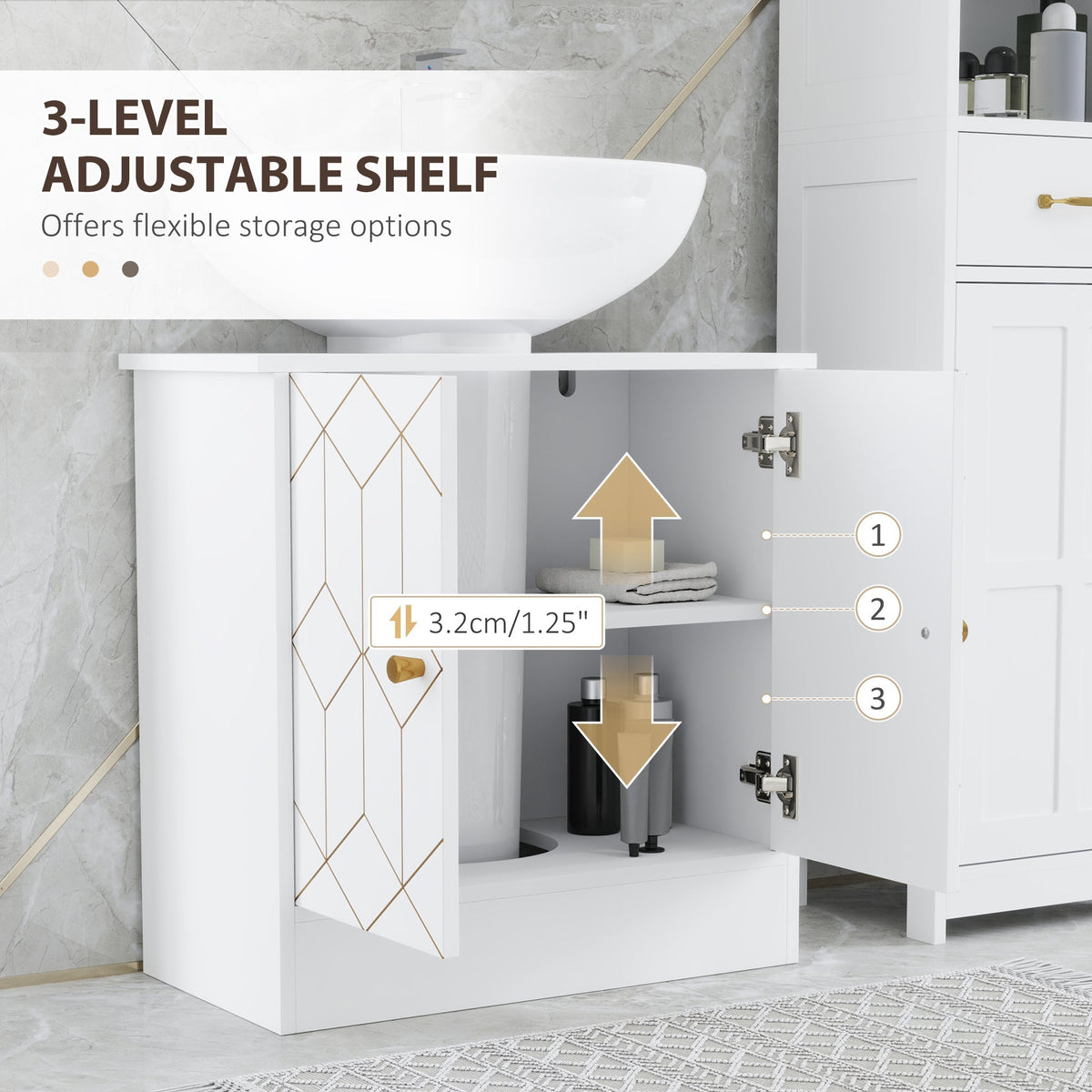 The bathroom cabinet with one door open to show the adjustable internal shelf