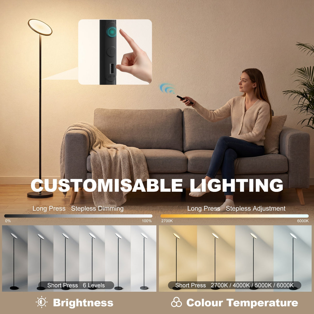 The floor lamp being operated by a remote control with diagrams showing brightness and colour settings