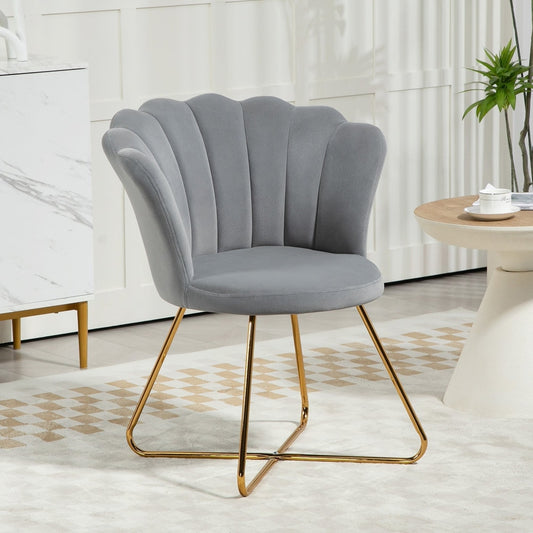Grey velvet-feel lotus petal accent chair in a stylish room setting