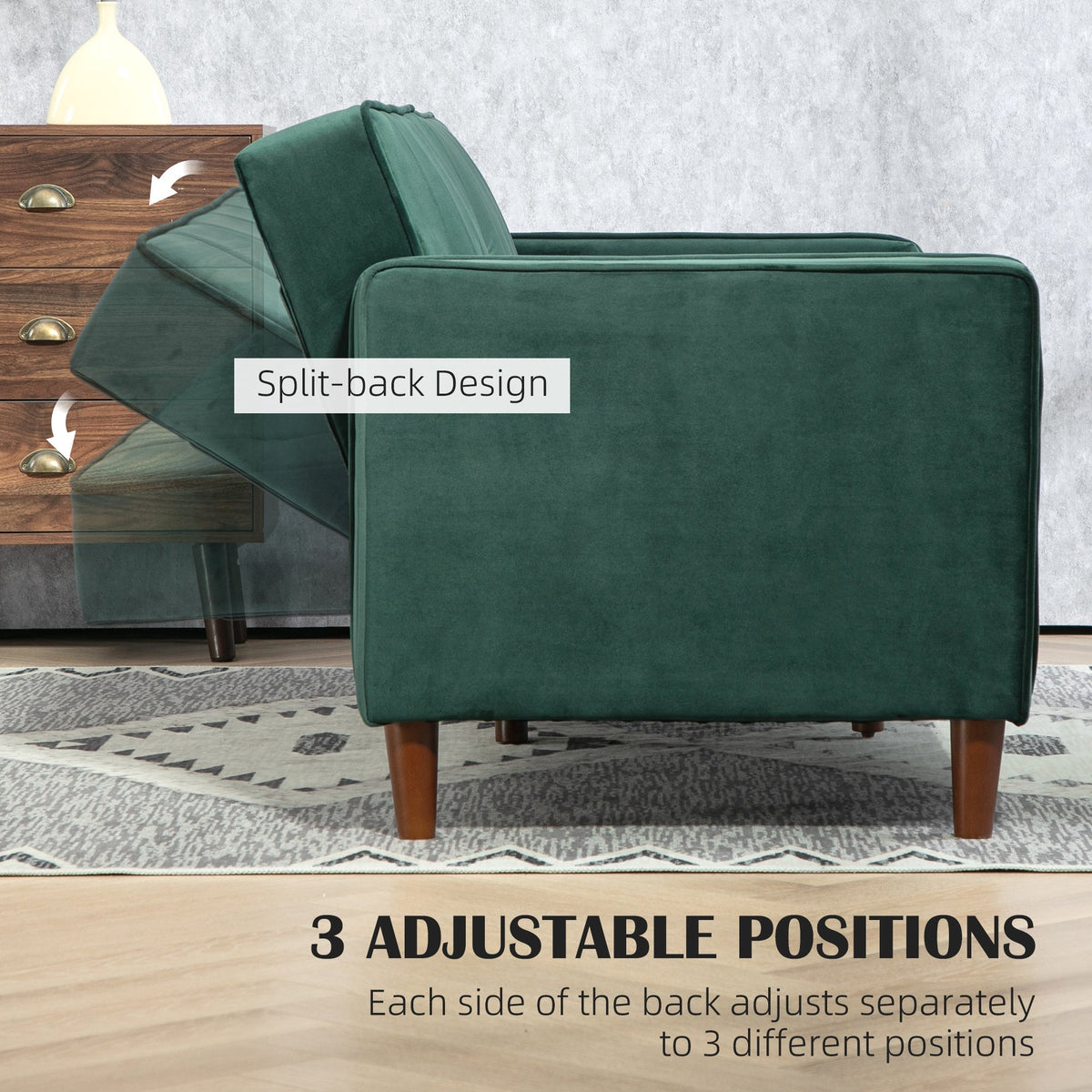 Green velvet-feel three-seater sofa bed shown in three adjustable positions