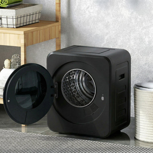 The compact laundry appliance with its door open showing the drum inside