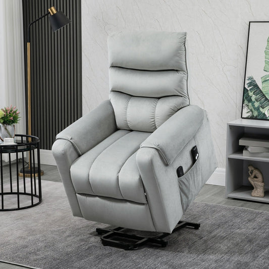 Grey electric power lift recliner chair in a living room setting