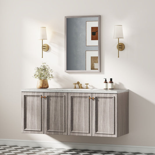 The wall mirror is shown above a grey vanity unit in a bathroom setting