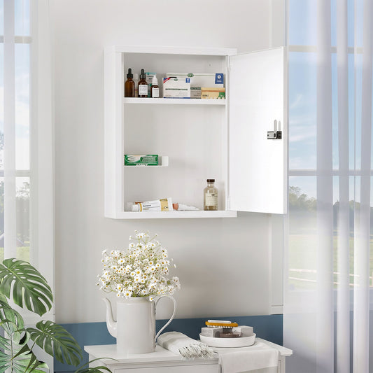 The bathroom cabinet mounted on a wall with the door open showing various medical supplies inside