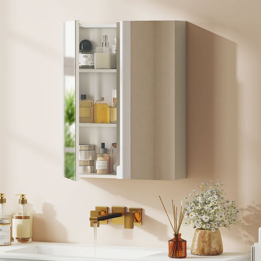 The bathroom mirror cabinet mounted above a sink with one door open showing internal shelves