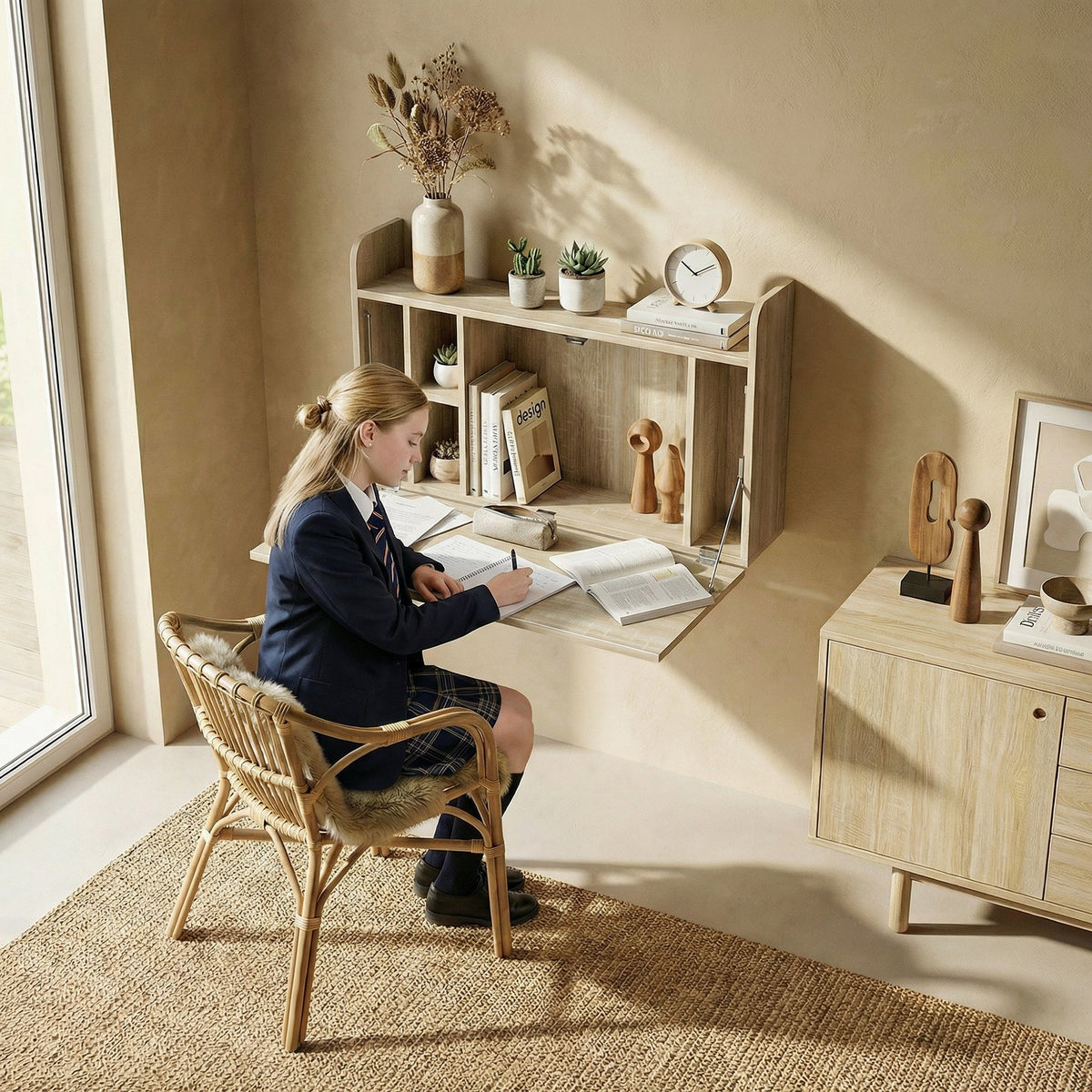 The office desk in use by a student sitting on a wicker chair in a home office setting