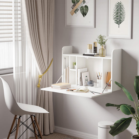 The office desk mounted on a wall in a home study with a chair and decorative items on shelves