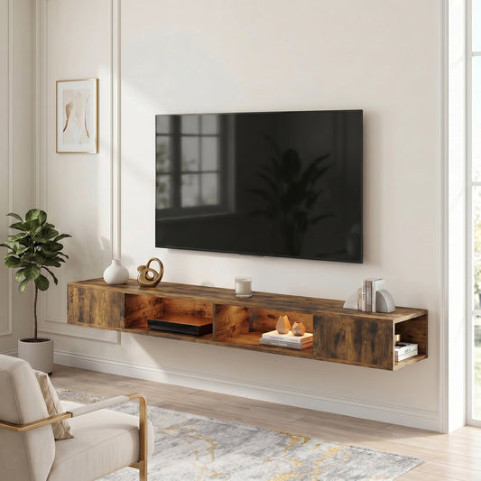 The floating entertainment centre mounted on a wall above a sofa, holding a large television and decorative items