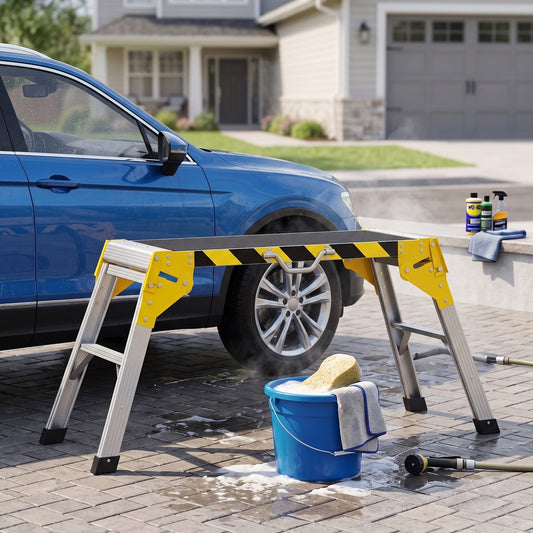 The portable work platform being used to wash a car, with a bucket and sponge nearby