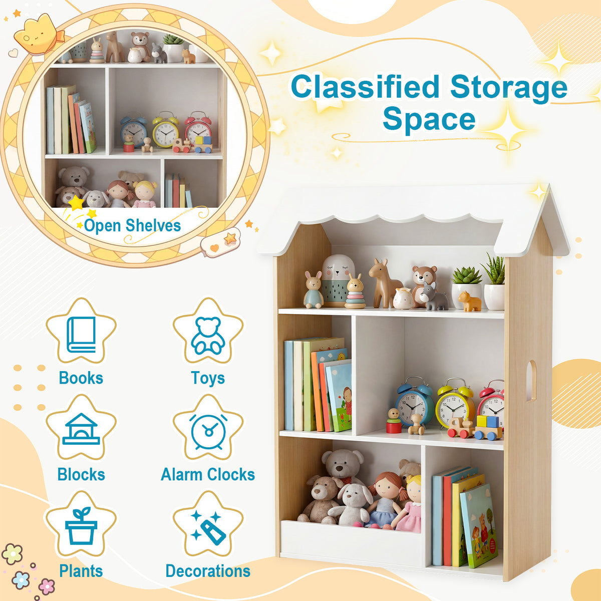 House-Shaped Kids Bookshelf with Roof and Windows for Playroom in White