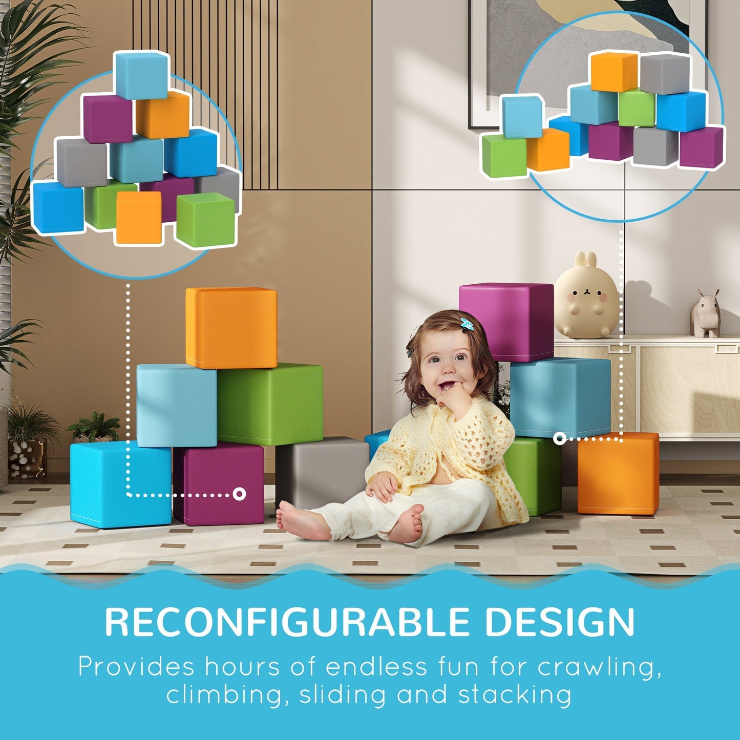 HOMCOM 12 PCs Soft Play Blocks, Soft Foam Toy, Building and Stacking Blocks for Kids, Multi-colour
