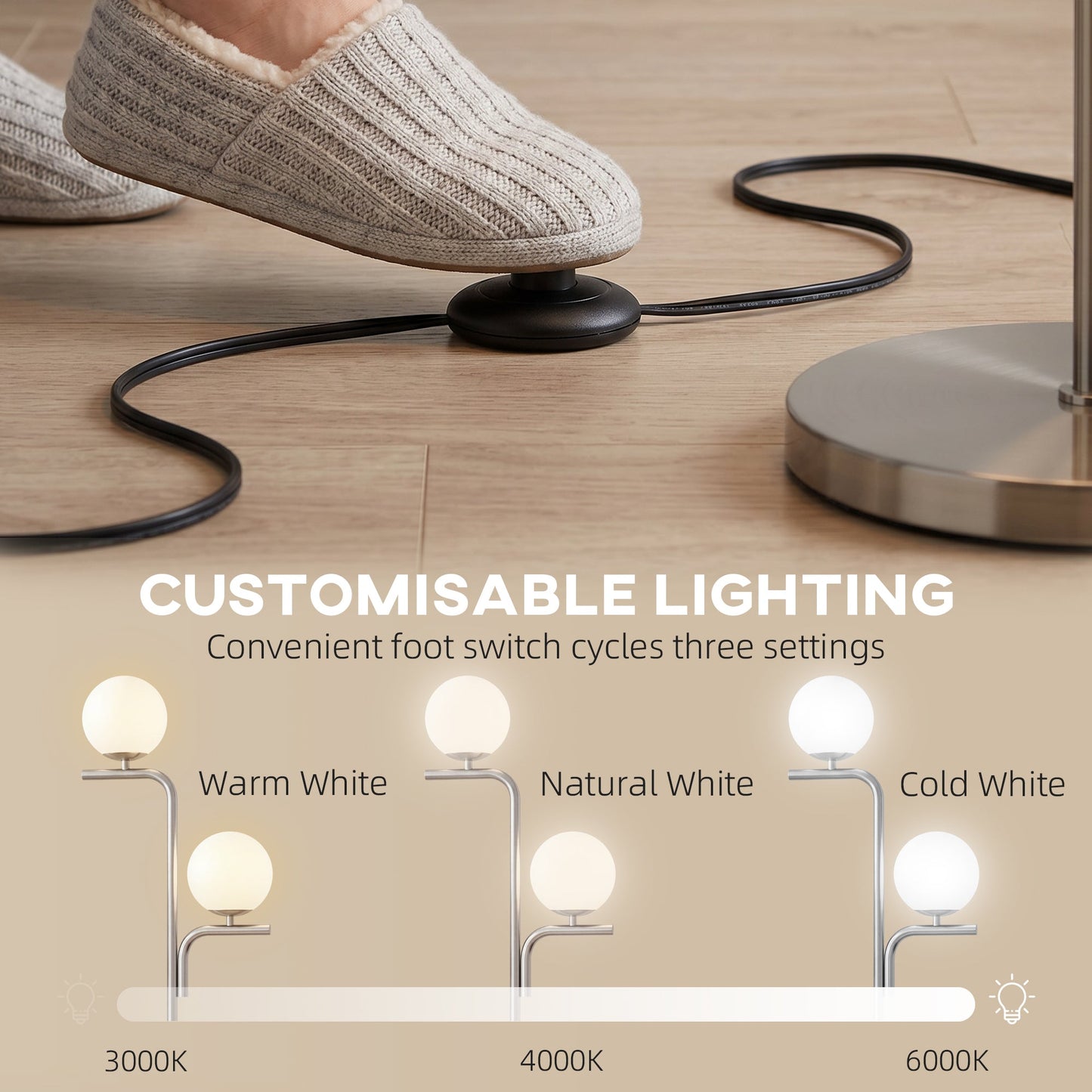 HOMCOM LED Floor Lamp, Modern Standing Lamp with 3 Colour Temperatures, Globe Glass Shades and Foot Switch, Silver Tone