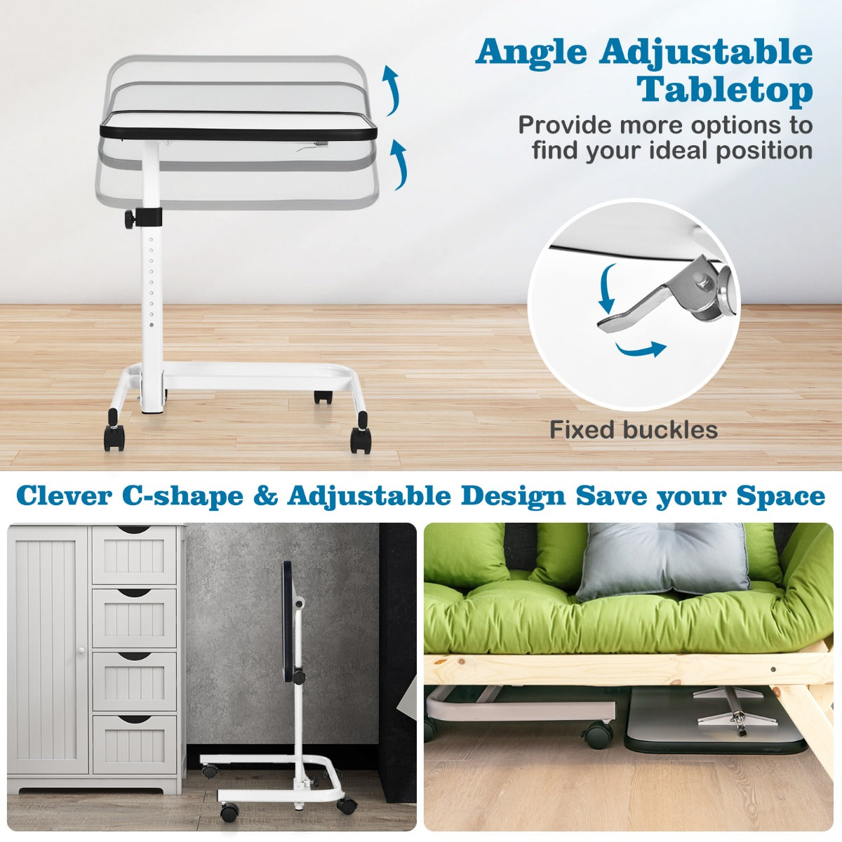 Portable Bedside Table with 9 Level Adjustable Height-White