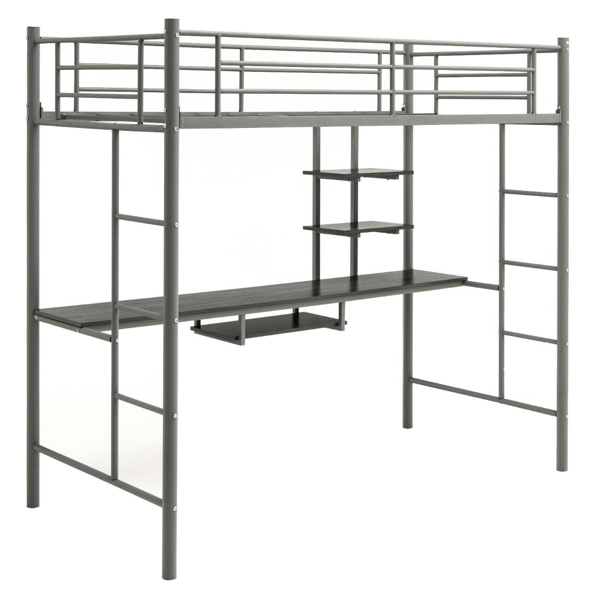 Metal Bunk Bed Frame High Sleeper with Desk and Storage Shelves-Silver