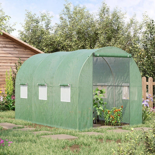 Outsunny Walk-in Polytunnel Greenhouse, Outdoor Garden Tunnel Greenhouse Tent with Zipped Roll-Up Door, Green
