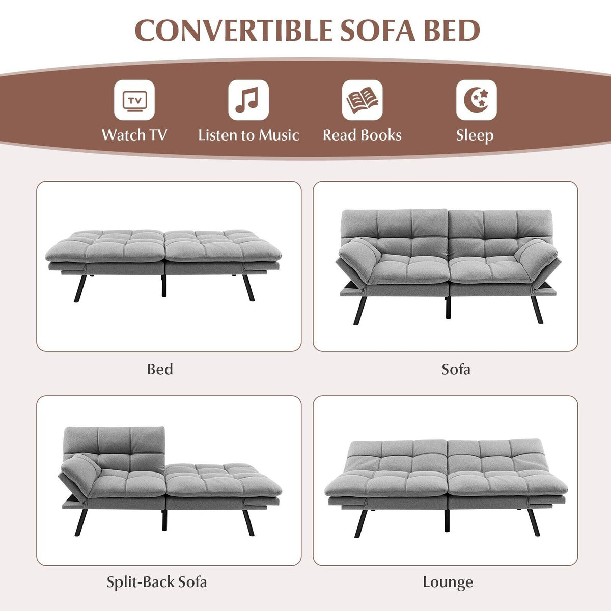 2 Seater Convertible Sofa Bed with Reclining Backrest-Grey
