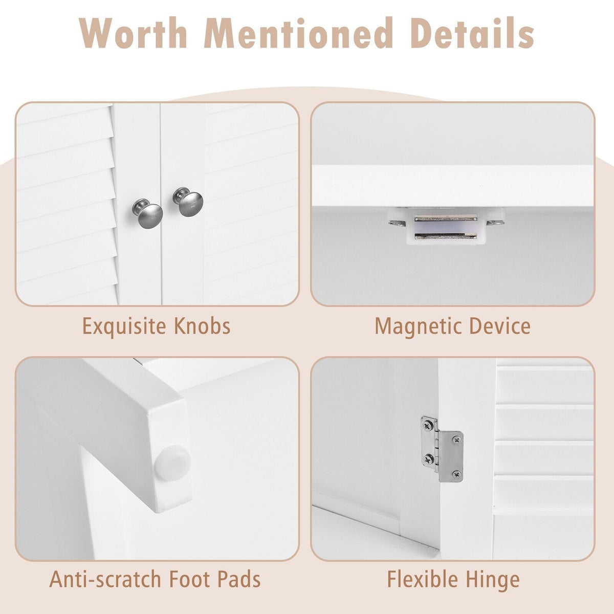 Bathroom Floor Cabinet with Double Shutter Door and Adjustable Shelf-White