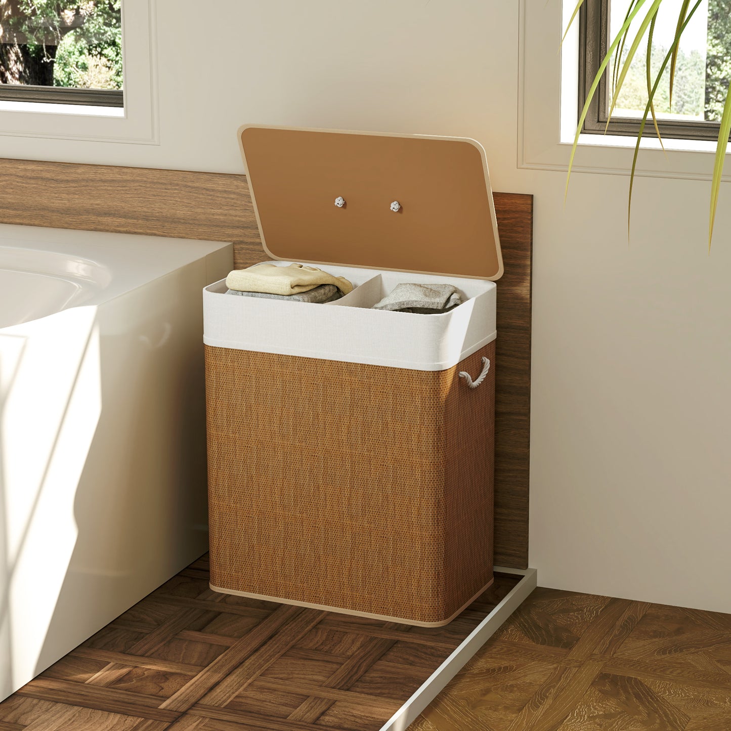 HOMCOM Double Laundry Basket with Lid, 100L Bamboo Laundry Hamper with Rope Handles, Washing Basket with Removable Liner for Bathroom, Bedroom, Brown