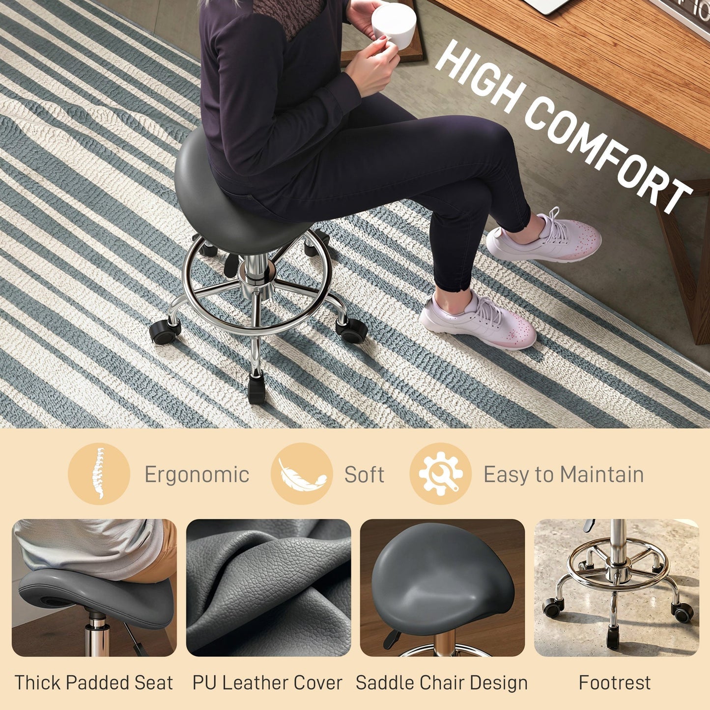 HOMCOM Salon Saddle Stool, Rolling Saddle Chair for Massage, Spa, Clinic, Beauty, Hairdressing and Tattoo, Grey