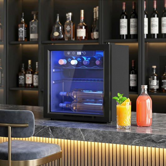 HOMCOM 12 Bottle Wine Cooler, 36 Litre Capacity, 4-16°C Under Counter Drinks Beer Wine Fridge with Glass Door, LED Light, Black