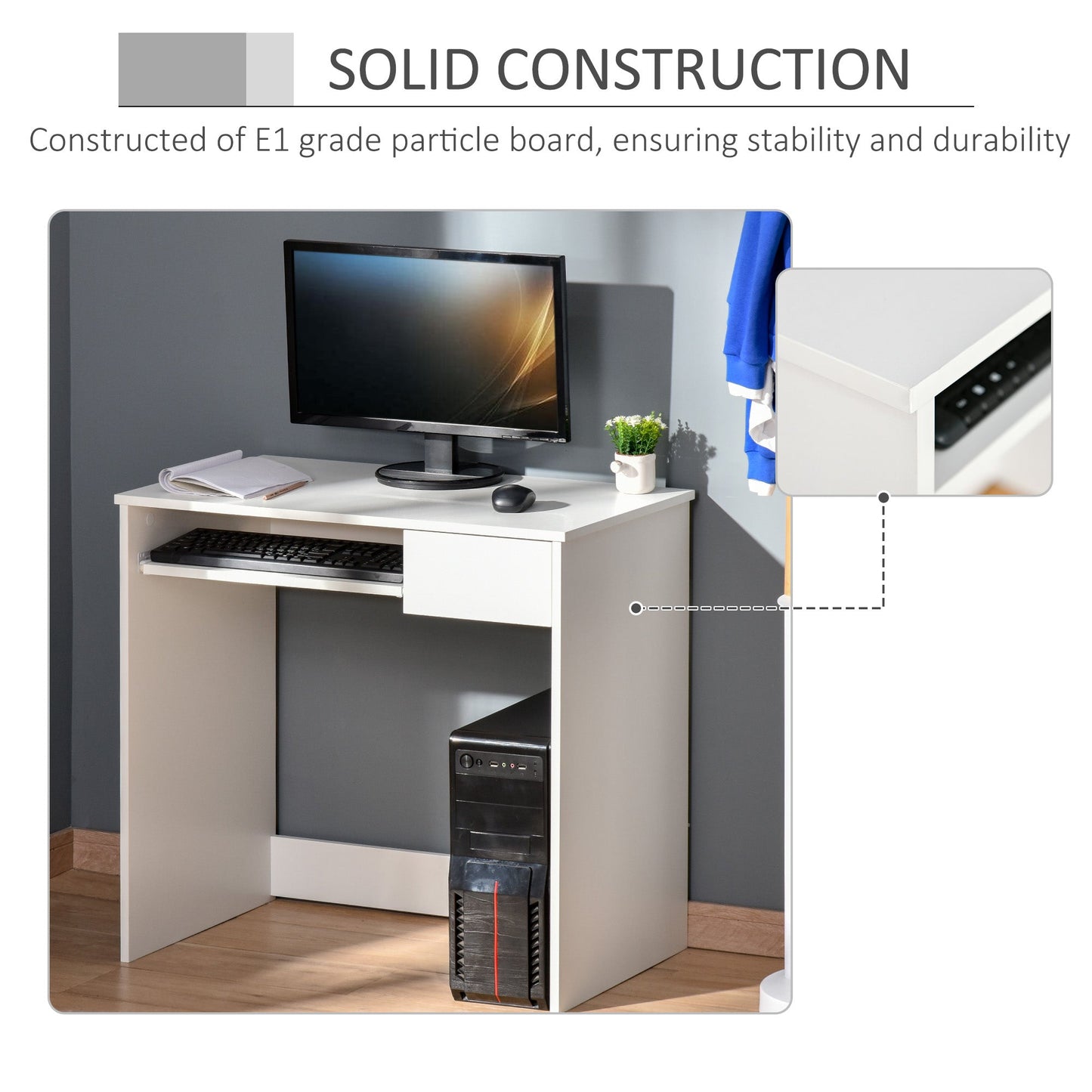 HOMCOM 80cm Compact Computer Desk with Keyboard Tray, Home Office Desk with Drawer for Bedroom Study, White