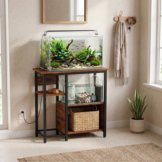 PawHut Fish Tank Stand with Power Outlets Aquarium Stand with Cabinet 20-29 Gallon Tanks Tiger Wood Grain