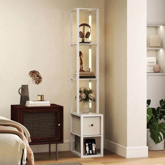 مصباح أرضي من HOMCOM مع أرفف، مصباح عمود LED عصري قائم بذاته مع درج قماشي، سطوع قابل للتعديل، مفتاح قدم لغرفة المعيشة وغرفة النوم والمكتب، أبيض
