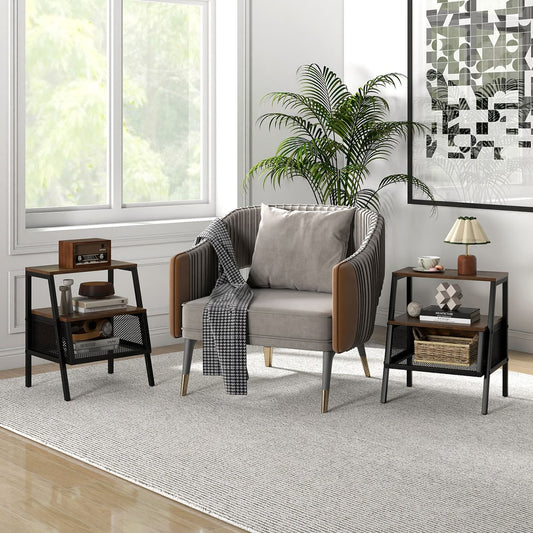 Two industrial nightstands in a living room setting next to an armchair