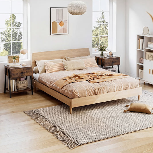 Two rustic brown industrial nightstands in a bedroom setting next to a bed