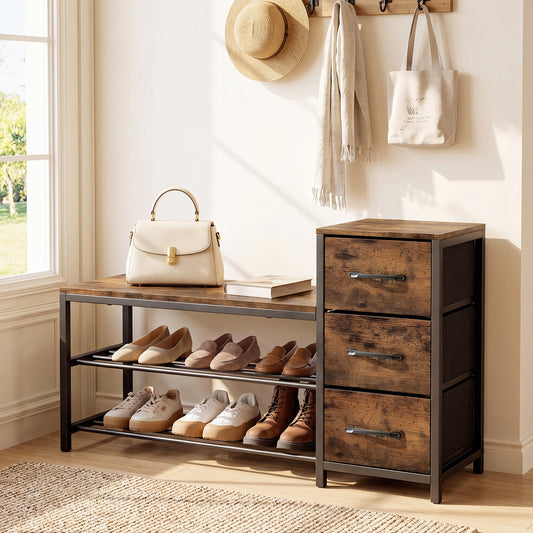 Rustic brown shoe bench with drawers in a hallway with coats and bags