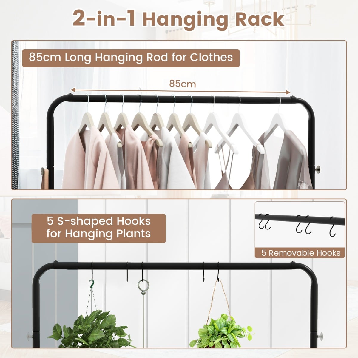 Industrial Clothes Rack Rolling Garment Rack with Bottom Storage Shelf-Rustic Brown
