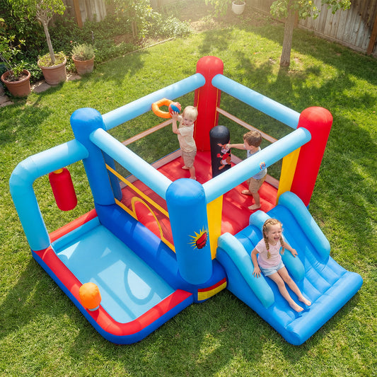 Children playing in the bouncy castle with slide and basketball hoop in a garden setting