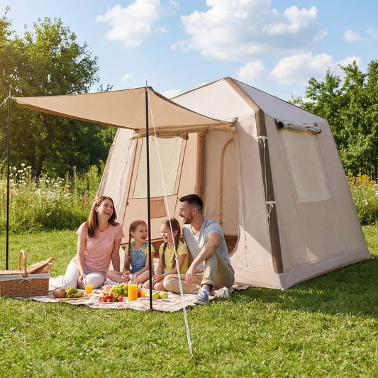 The family tent set up on a grassy lawn with a family sitting on a picnic blanket in front