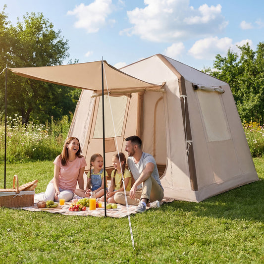 The family tent set up on a grassy lawn with a family sitting on a picnic blanket in front