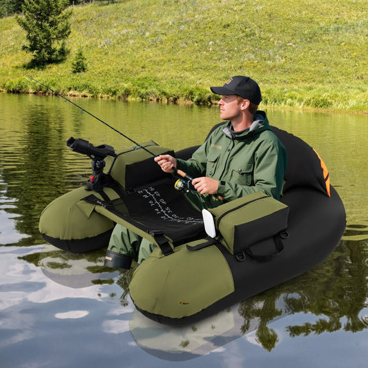 Man fishing from the green inflatable float tube on a calm lake