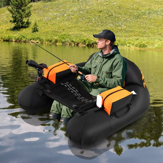 Man fishing from the inflatable float tube on a calm lake